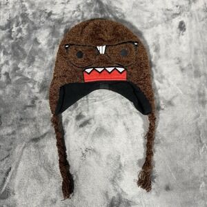 Domo Kun Nerd Face Beanie OSFA Brown Emo Scene Rave Trapper Hat Y2K Rare